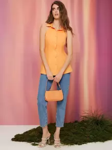 SHEIN Button Front Solid Shirt - Orange - View 1