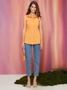 SHEIN Button Front Solid Shirt - Orange - View 4