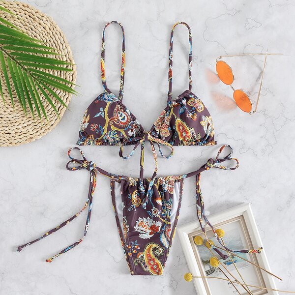 

Paisley Print Tie Side Thong Bikini Swimsuit, Multicolor