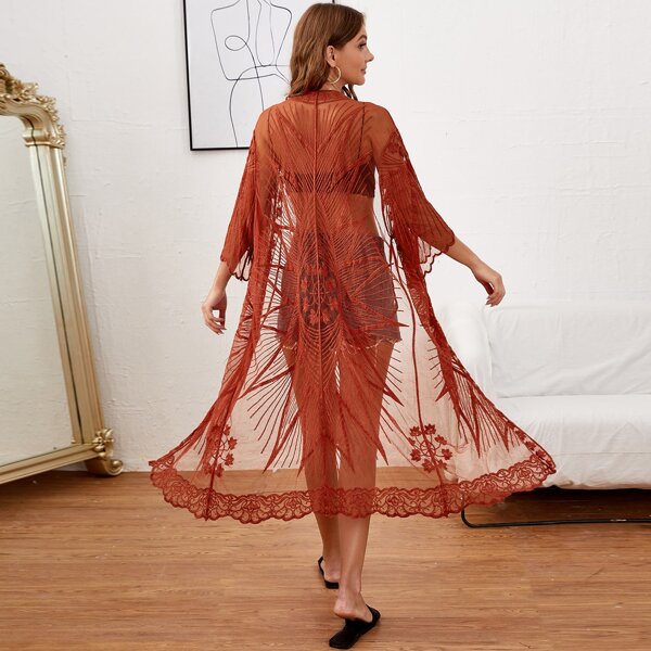

Tie Front Embroidery Mesh Sheer Kimono, Red
