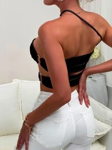 SHEIN Unity One Shoulder O-ring Cutout Top - Black - View 2