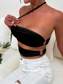 SHEIN Unity One Shoulder O-ring Cutout Top - Black - View 4