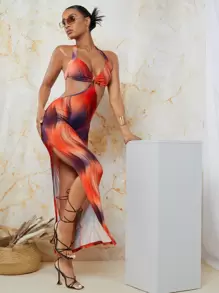 SHEIN BAE Tie Dye Knotted Backless Split Thigh Dress - Multicolor - View 9