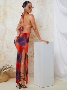 SHEIN BAE Tie Dye Knotted Backless Split Thigh Dress - Multicolor - View 8