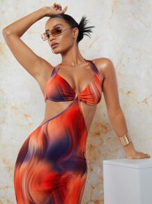 SHEIN BAE Tie Dye Knotted Backless Split Thigh Dress - Multicolor - View 10