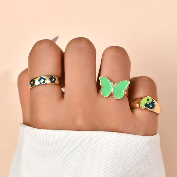 

3pcs Butterfly & Heart Decor Ring, Gold