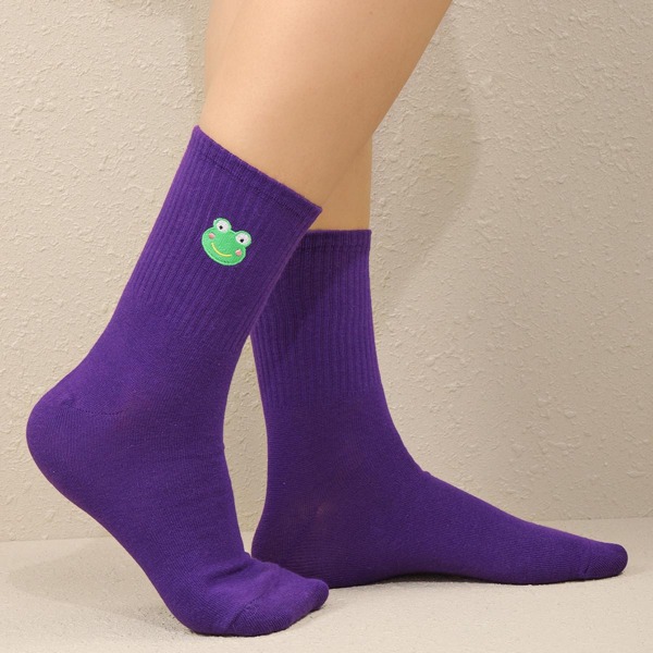 

Cartoon Embroidered Crew Socks, Purple