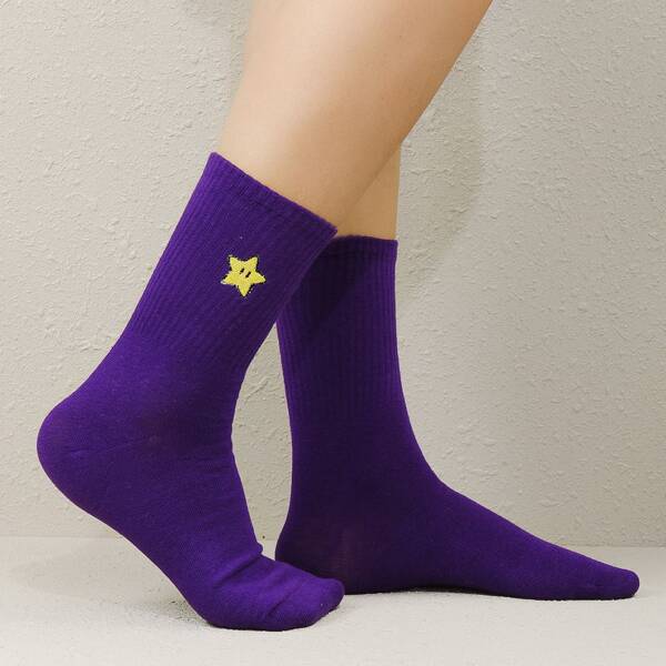 

Star Embroidered Crew Socks, Purple