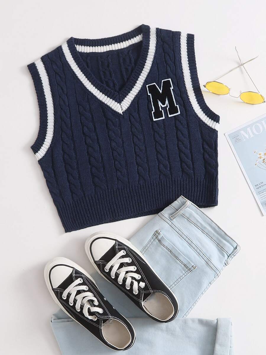 SHEIN EZwear Letter Embroidery Contrast Binding  Sweater Vest - Navy Blue - View 1