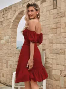 SHEIN Unity 露肩泡泡袖荷葉邊下擺連衣裙 - 酒紅色 - 查看 2