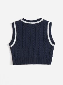 SHEIN EZwear Letter Embroidery Contrast Binding  Sweater Vest - Navy Blue - View 2
