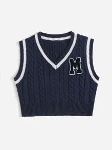 SHEIN EZwear Letter Embroidery Contrast Binding  Sweater Vest - Navy Blue - View 3