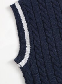 SHEIN EZwear Letter Embroidery Contrast Binding  Sweater Vest - Navy Blue - View 4