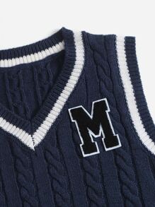SHEIN EZwear Letter Embroidery Contrast Binding  Sweater Vest - Navy Blue - View 5