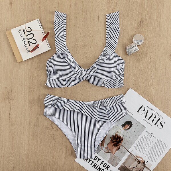 

Striped Ruffle Bikini Swimsuit, Black and white