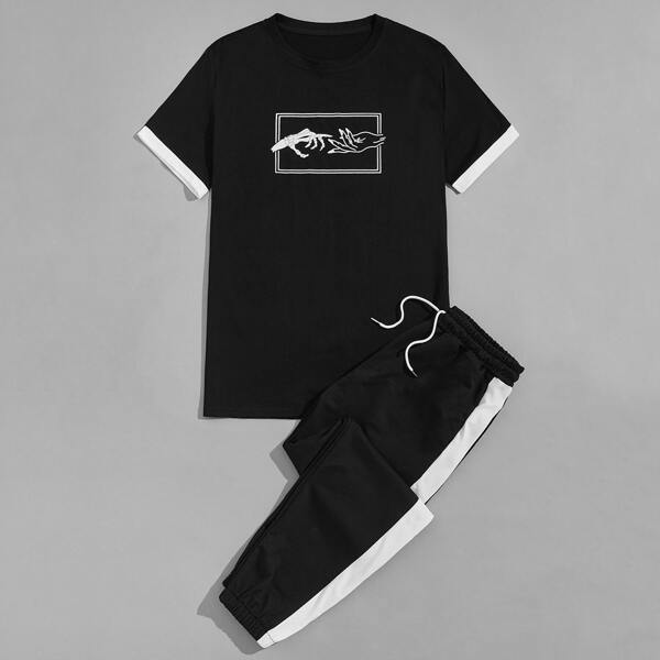 

Men Figure Print Round Neck Tee & Drawstring Sweatpants Set, Black