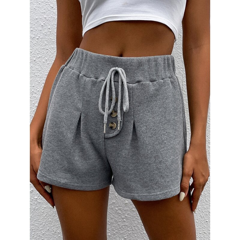 

Elastic Waist Half Button Up Knot Front Sleep Shorts, Grey