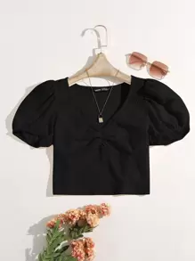 Soleia Áo thun Plus size Nếp gấp Phần Ngực màu trơn Thanh lịch - màu đen - Xem 1