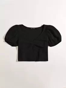 Soleia Áo thun Plus size Nếp gấp Phần Ngực màu trơn Thanh lịch - màu đen - Xem 3