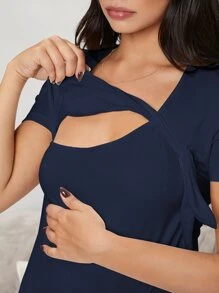 SHEIN Maternity Surplice Neck Knot Side Solid Tee - Navy Blue - View 6