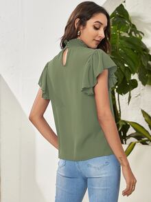 SHEIN Privé 打褶領飛袖上衣 - 軍綠色 - 查看 2