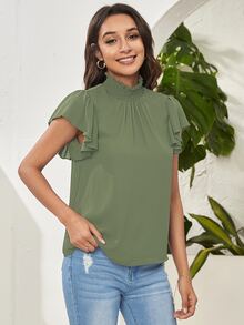 SHEIN Privé 打褶領飛袖上衣 - 軍綠色 - 查看 3