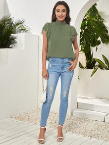 SHEIN Privé 打褶領飛袖上衣 - 軍綠色 - 查看 5