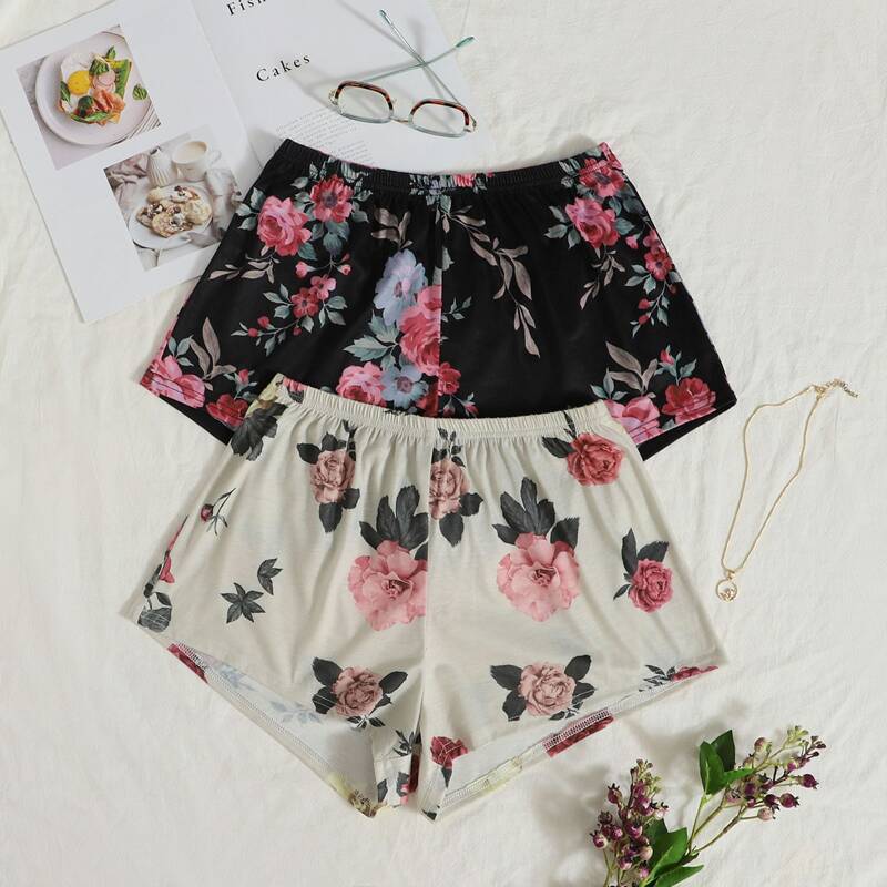

2pcs Floral Print Lounge Shorts, Multicolor
