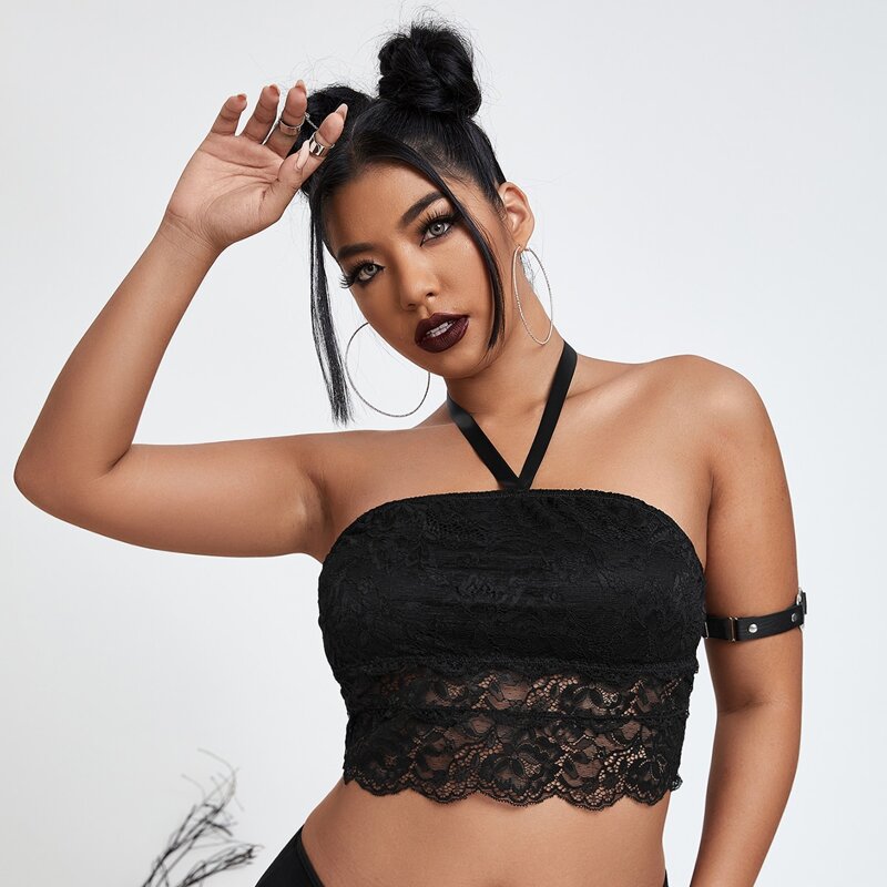 

Plus Floral Lace Halter Bralette, Black