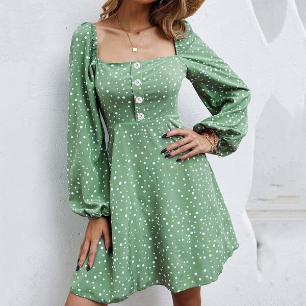 

Lantern Sleeve Polka-dot Print Dress, Green