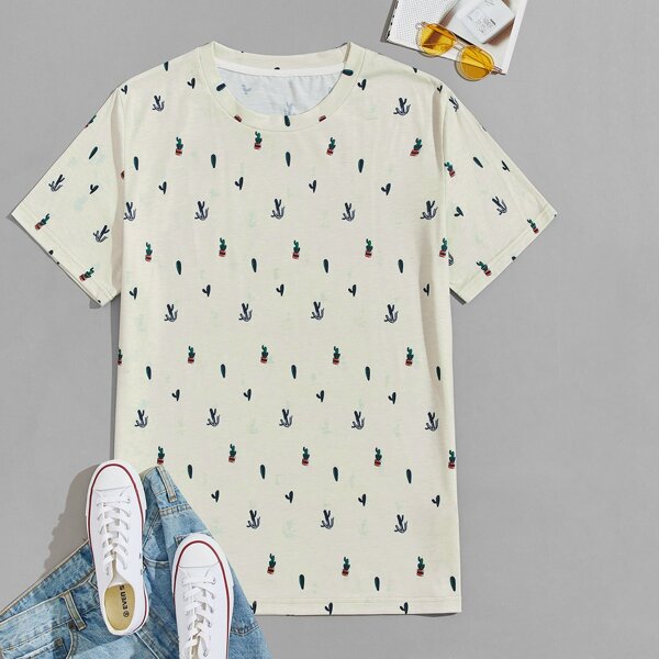 

Men Cactus Print Crew Neck Tee, Apricot