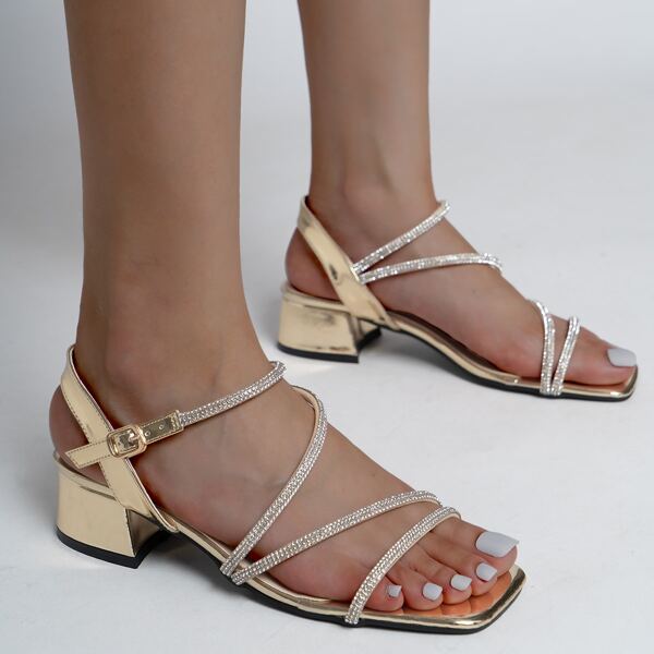 

Metallic Rhinestone Decor Chunky Heeled Sandals, Gold