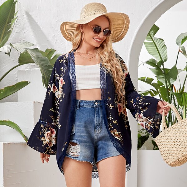 

Plus Floral Lace Trim Kimono, Blue