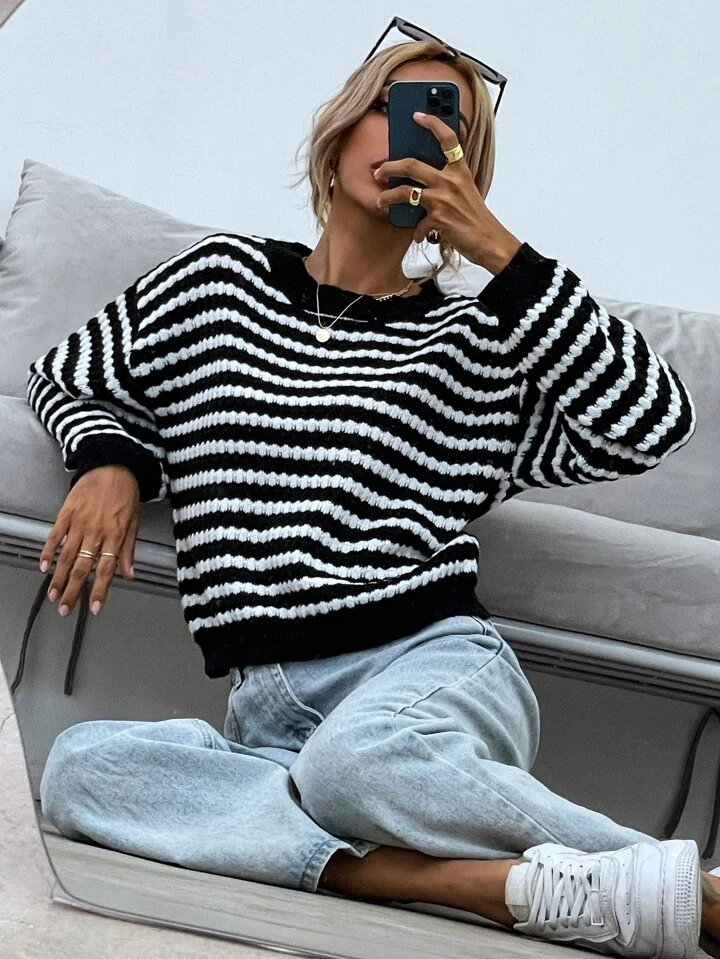 SHEIN Frenchy Striped Pattern Drop Shoulder Sweater | SHEIN EUR