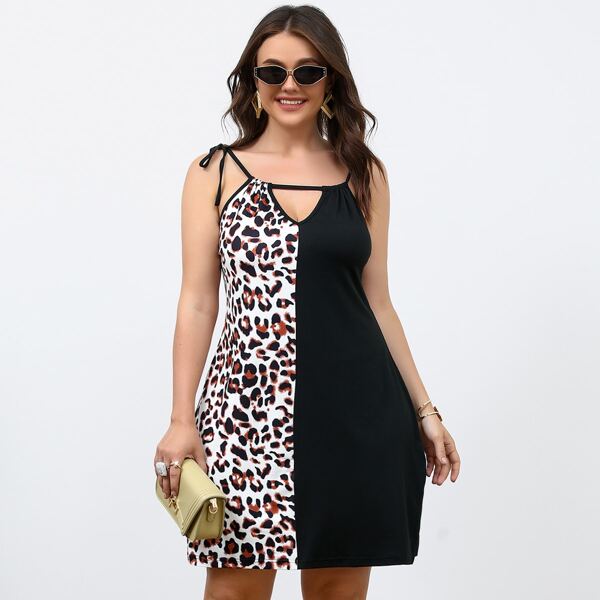 

Plus Leopard Print Knot Shoulder Cami Dress, Multicolor