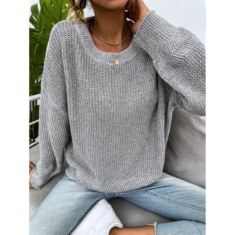 

Drop Shoulder Heathered Knit Sweater, Light grey