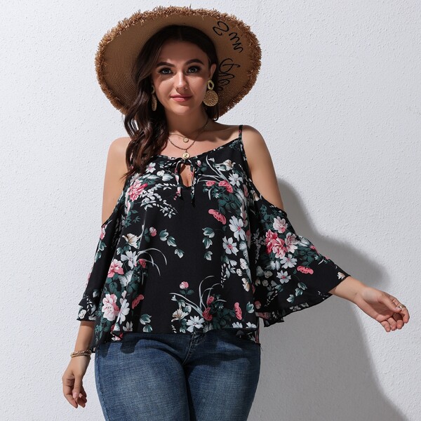 

Plus Floral Print Tie Neck Cold Shoulder Blouse, Black