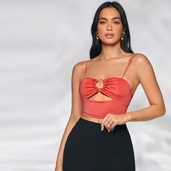 

O-ring Detail Cut-out Ruched Cami Crop Top, Watermelon pink