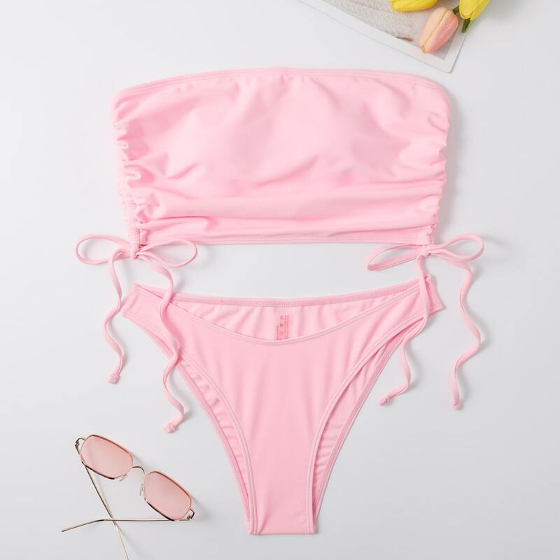 

Solid Drawstring Bikini Swimsuit, Pink