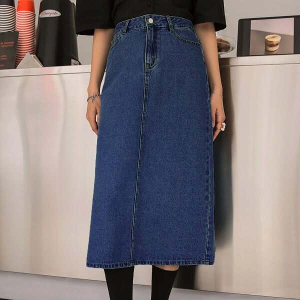

Solid Split Back Straight Denim Skirt, Navy blue