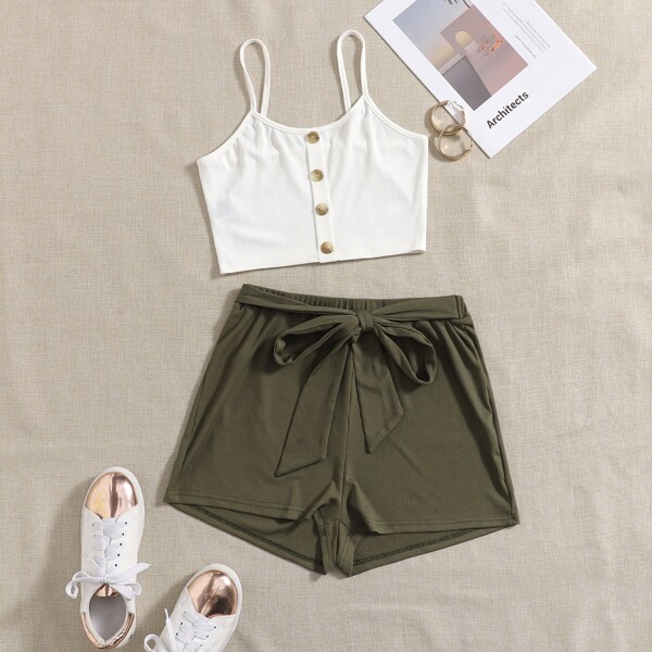 

Button Cami Top With Belted Shorts, Green