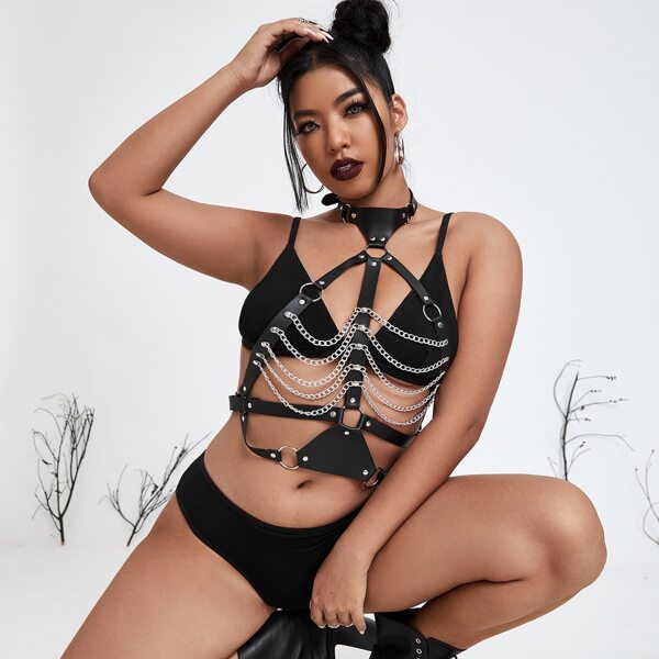

Plus Chain Linked PU Harness Bra Without Lingerie Set, Black