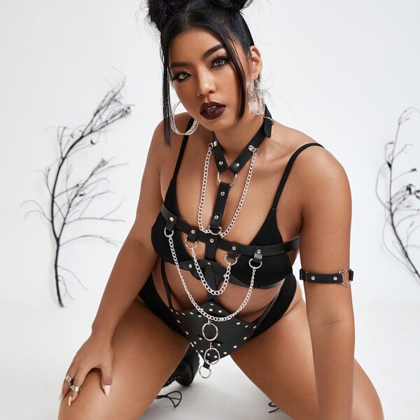 

Plus Chain Decor PU Harness Top Without Bra & Panty, Black