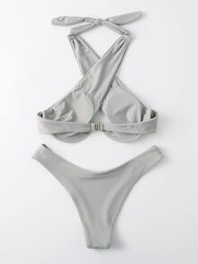 Cross Neck Push Up High Cut Bikini Set, For Summer Beach Vacation - Grey - View 2