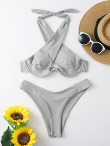 Cross Neck Push Up High Cut Bikini Set, For Summer Beach Vacation - Grey - View 3