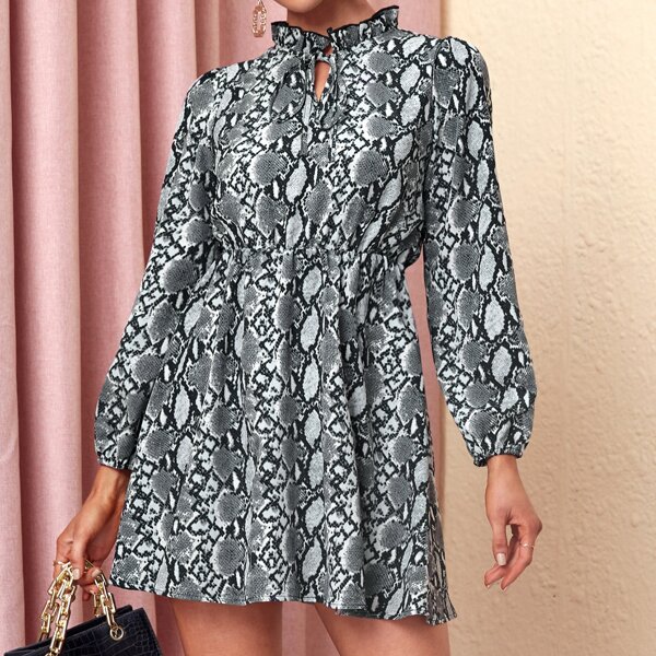 

Snakeskin Print Tie Neck Dress, Multicolor