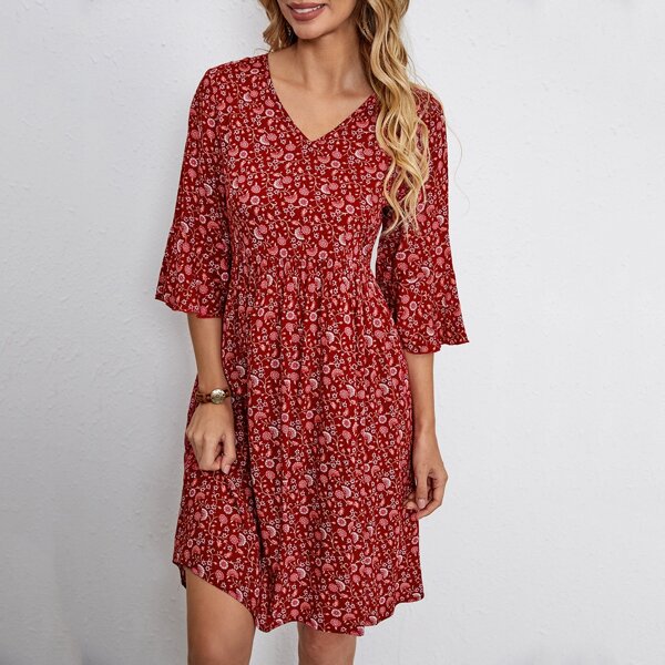 

Allover Floral Flounce Sleeve Babydoll Dress, Burgundy