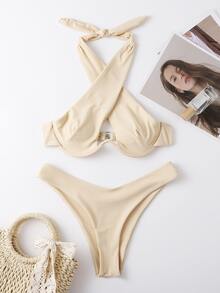 Cross Halter Underwire Bikini Set, For Summer Beach Vacation - Apricot - View 3