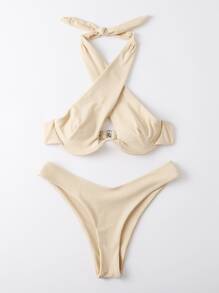 Cross Halter Underwire Bikini Set, For Summer Beach Vacation - Apricot - View 5