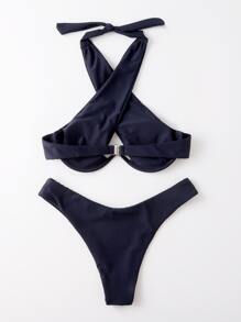 Cross Halter Underwire Bikini, For Summer Beach Vacation - Navy Blue - View 2